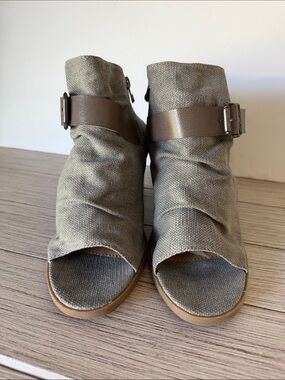 Blowfish Olive Canvas Open-Toe Ankle Booties with Brown Strap